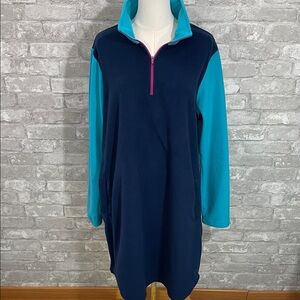 Lands' End Teal and Navy Fleece Colorblock Tunic Dress